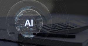 A glowing AI sphere over a calculator and documents, symbolizing AI in business and automation.