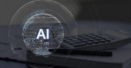 A glowing AI sphere over a calculator and documents, symbolizing AI in business and automation.