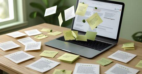A wooden desk with a laptop surrounded by floating sticky notes and paper documents. The notes appear to represent scattered feedback or testimonials being collected and organised.